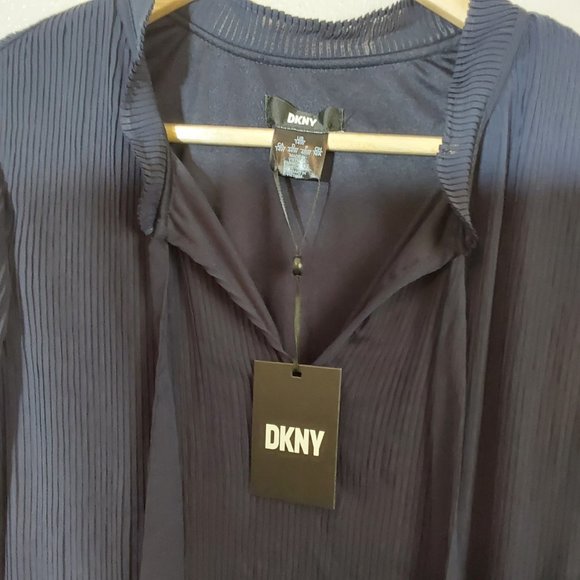 NWT! DKNY Long-Sleeve Tie-Neck Pleated Shift Dress Blue Georgette - 14W - Picture 7 of 13
